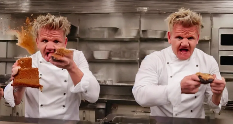 Prompt: photo of angry furious Gordon Ramsay smashing a cake in Gordon Ramsay's face at the kitchen
