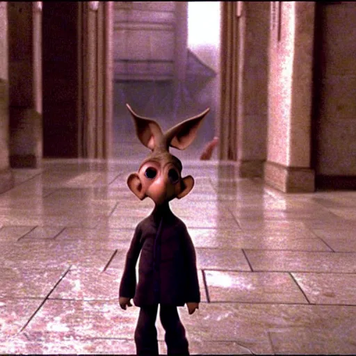 Prompt: a still of dobby in the matrix, 1 9 9 9, movie screenshot