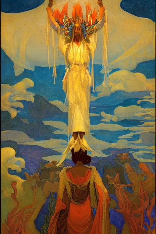 Prompt: spirit of high Summer, by Nicholas Roerich and Annie Swynnerton and Sidney Harold Meteyard, dramatic cinematic lighting , ornate headdress , flowing robes, sacred artifacts, lost civilizations, smooth, sharp focus, extremely detailed