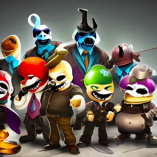 Image similar to payday 2 characters in rayman legends concept art, ultra realistic, 4 k, octane render, real life characters, high detailed