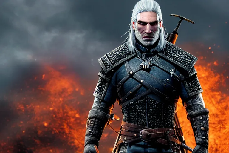 Image similar to Geralt of Rivia is The Avatar, Master of all four elements.