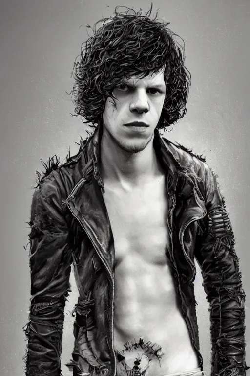 Image similar to Jesse eisenberg as a young man, shaved head, punk, tattered leather coat, intricate, elegant, dramatic lighting, highly detailed, lifelike, photorealistic, digital painting, artstation, illustration, concept art, smooth, sharp focus, art by John Collier and Albert Aublet and Krenz Cushart and Artem Demura and Alphonse Mucha