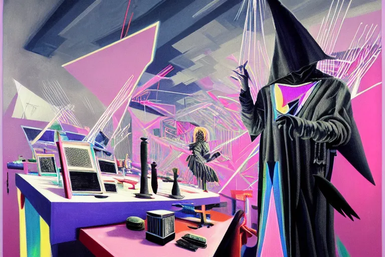 Image similar to a highly detailed beautiful masterpiece painting of a technomancer wizard in dazzle camouflage robes with pointed hood tampering with the world engine in his laboratory near a computer by Remedios Varo and Anato Finnstark and Greg Rutkowski and Andy Warhol, dayglo pink, dayglo blue, prismatic, pearlescent white, raven black, hyperrealism, 8k, trending on ArtStation, rendered in Octane, rendered in Unreal engine, award winning, volumetric lighting