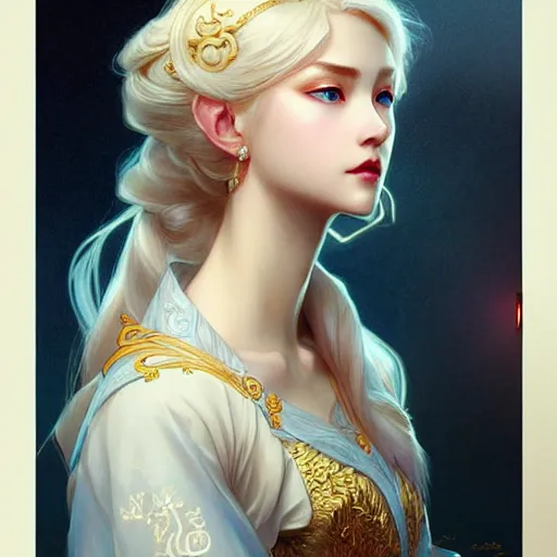 Image similar to elegant Chinese princess, D&D, blue eyes, blonde hair, fantasy, intricate, elegant, highly detailed, digital painting, artstation, concept art, smooth, sharp focus, illustration, art by artgerm and greg rutkowski and alphonse mucha