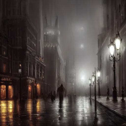 Image similar to victorian city, dark, misty, at night, 8 k, detailed, concept art, trending on artstation