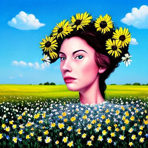 Image similar to a surrealist painting of a woman standing in a field of flowers with daisies for a head by rhads, shutterstock contest winner, pop surrealism. made of flowers