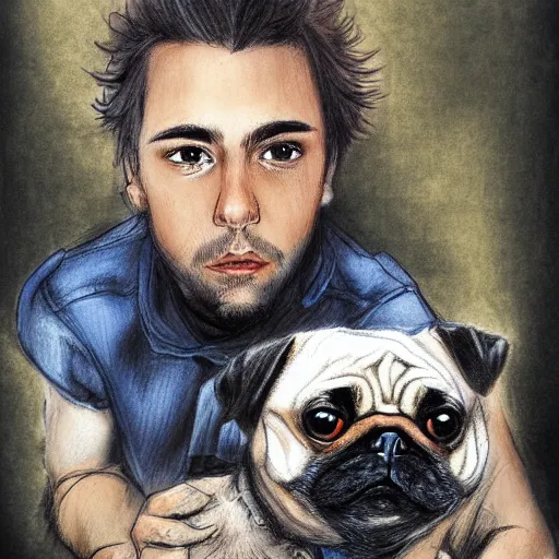 Image similar to self portrait, young white hispanic handsome man with short light brown hair and light skin and a 5 o clock shadow, holding a pug for a picture, pencil art, added detail, high definiton, colored, backfacing, illustrated by yoji shinkawa