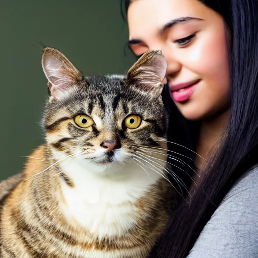 Image similar to a young adult woman with long dark hair, big and shiny black eyes and her tabby cat, a stock photo by juan villafuerte, pexels contest winner, high quality photo, rtx, hd, tumblr contest winner, anime, pretty, sensual