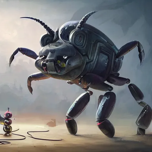 Image similar to unicorn grey alien changing batteries to a robotic crab with african decoration and a spongebob puppet, highly detailed, concept art, art by wlop and artgerm and greg rutkowski, masterpiece, trending on artstation, 8 k