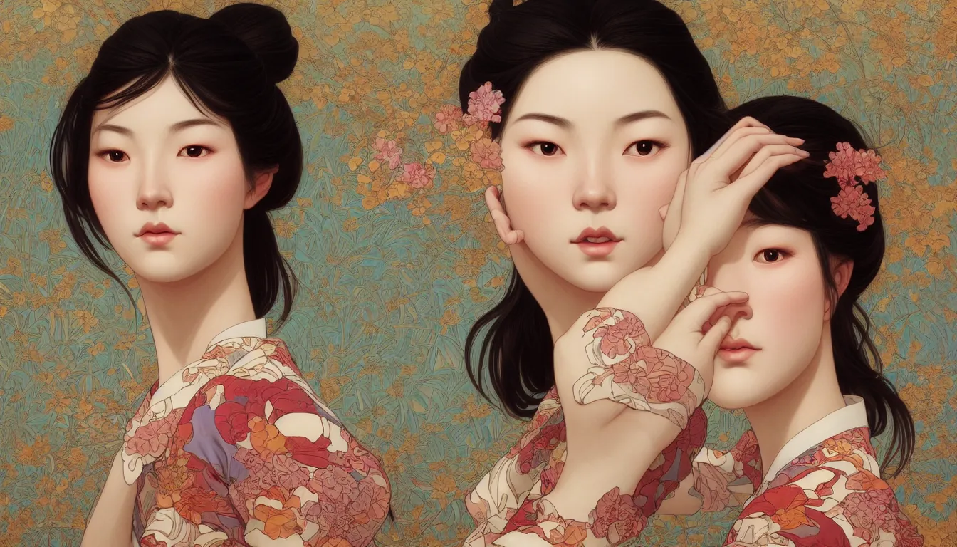 Image similar to excellent painted portrait of one pretty japanese girl with upturned nose, high quality masterpiece painted, patterned background, 4 k, trending on artstation, octane render, art by james jean and artgerm and greg rutkowski and alphonse mucha and craig mullins and james jean and andrei riabovitchev and marc simonetti and peter mohrbacher