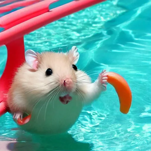 Prompt: hamster riding flamingo in the pool