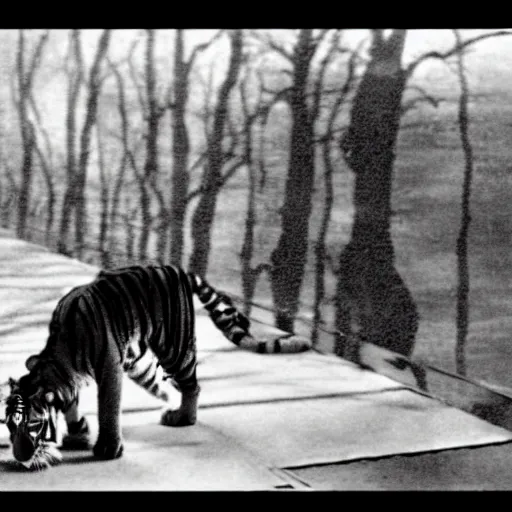 Prompt: ' tiger goes to the city'silent film title card, black and white, grainy