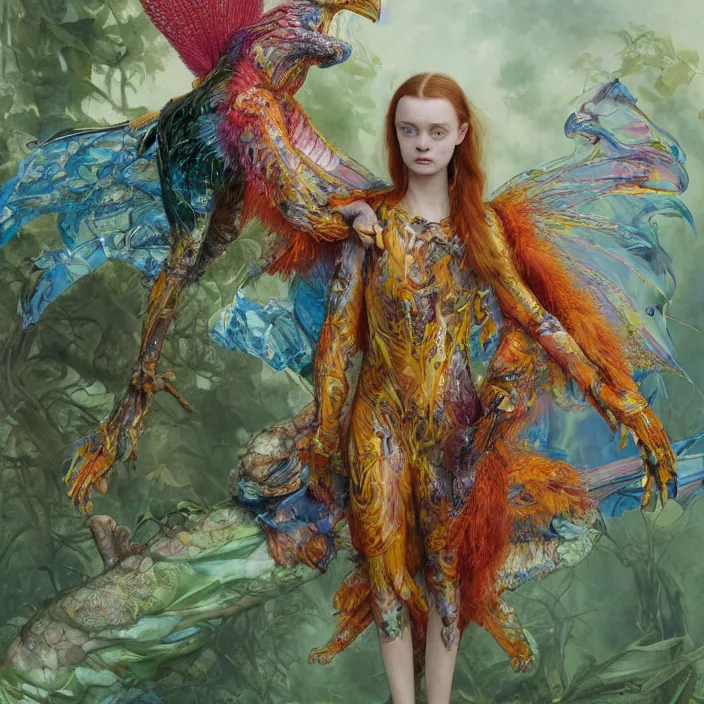 Image similar to a fashion editorial of sadie sink as a brightly colored eagle amphibian hybrid with wet translucent mutated skin. wearing a mutated organic dress. by tom bagshaw, donato giancola, hans holbein, walton ford, gaston bussiere, peter mohrbacher, brian froud and iris van herpen. 8 k, cgsociety