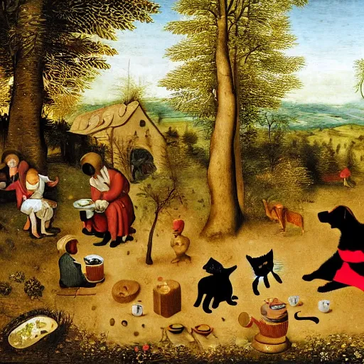 Image similar to bruegel style painting of golden retriever and a black kitty having a tea party in the forest