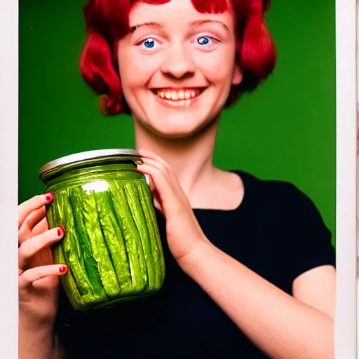 Prompt: high gloss photo of a smiling girl with short grey red hair proudly holding a fido jar into the camera. close up. the fido jar is filled with big green pickles, by dianne arbus, by irving penn