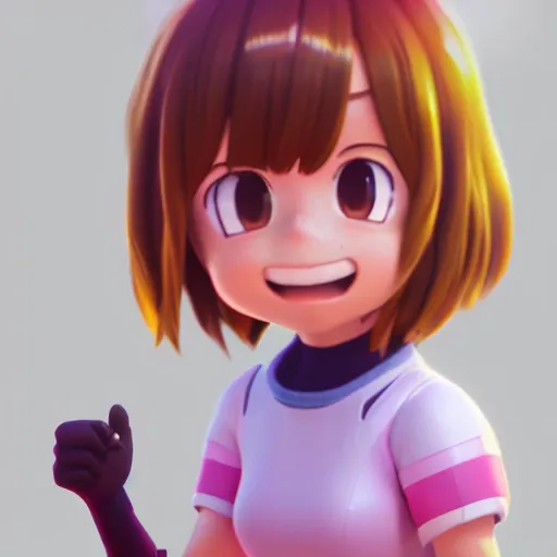 Image similar to A photorealistic portrait of Ochako Uraraka, a cute 3d cgi toon young woman, in the center midground, medium shot, mid-shot, hyperdetailed, 8k, trending on artstation, as a Pixar character