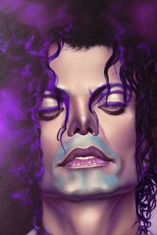 Image similar to A mystical mesmerizing 8k hyperrealistic Photo Portrait Michael Jackson transforming into a purple haze, soft, sharp focus, detailed, art by Greg Rutkowski and artgerm and Alphonse Mucha