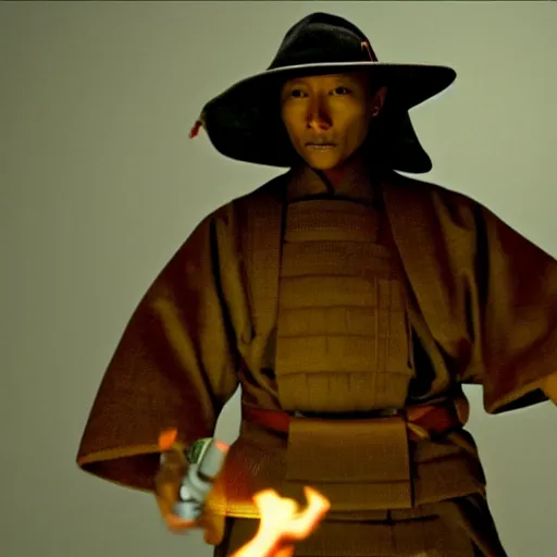 Image similar to cinematic film still Pharrell Williams starring as a Samurai holding fire, Japanese CGI, VFX, 2003, 40mm lens, shallow depth of field,film photography