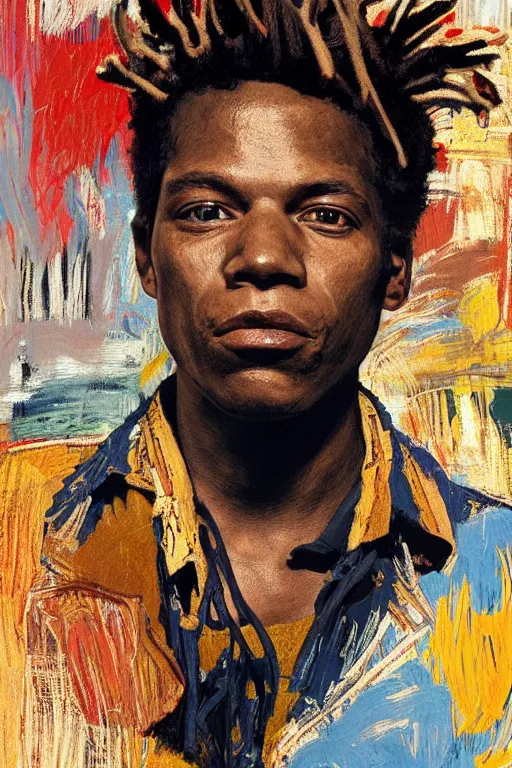 Prompt: portrait of Jean Michel Basquiat outside during golden hour, intricate, elegant, dramatic lighting, rugged face, highly detailed, lifelike, photorealistic, digital painting, artstation, illustration, concept art, smooth, sharp focus, art by John Collier and Albert Aublet and Krenz Cushart and Artem Demura and Alphonse Mucha