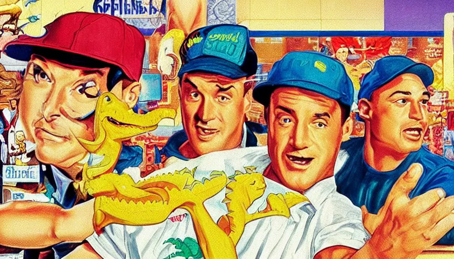 Image similar to beautiful still from retro snes arcade game featuring gene kelly demanding a refund on undercooked overpriced dinosaur steak in downtown dive bar bistro, hyperreal detailed facial features and uv lighting, retro nintendo bitmap pixel art