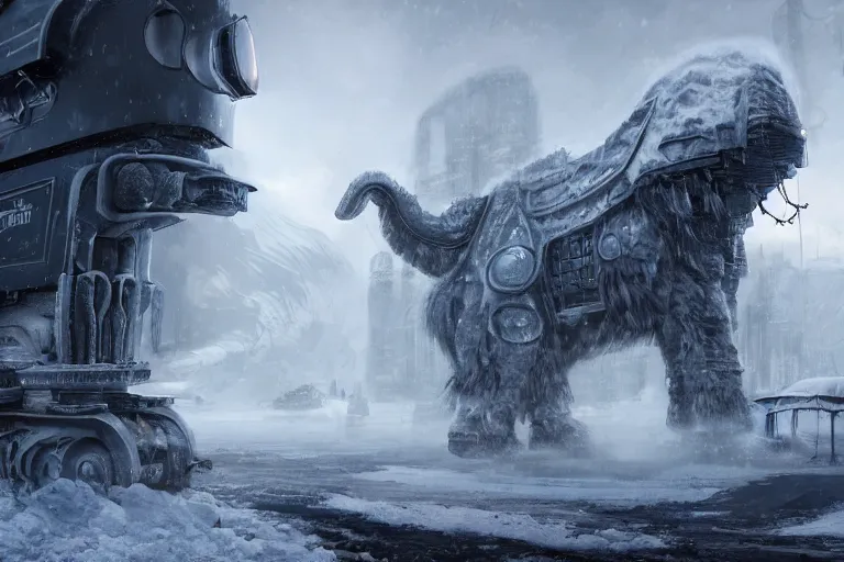 Image similar to an intricate futuristic black steam train and a giant mammoth, post - apocalyptic ice landscape in snowstorm, concept art, artstation, highly detailed, digital art