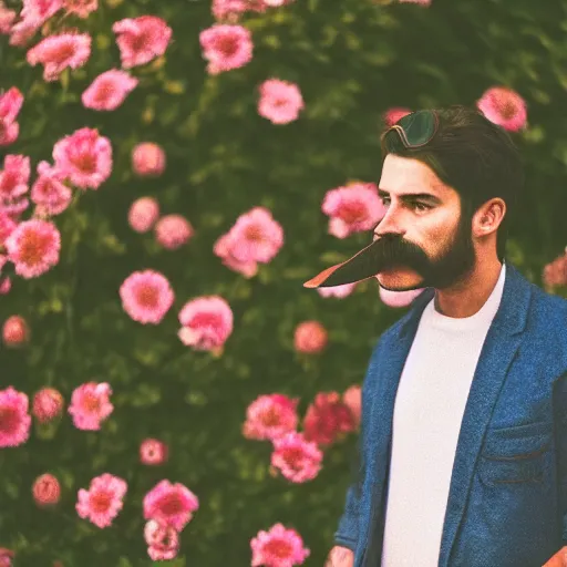 Image similar to photo portrait of a man with a moustache standing in front of flowers, tumblr contest winner, aestheticism, masculine, aesthetic