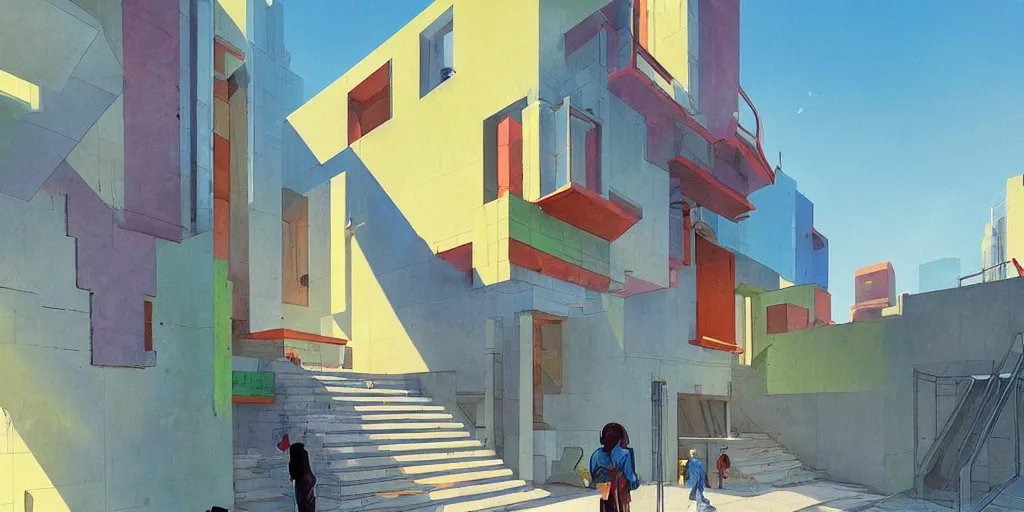 Image similar to neo brutralism, concrete housing, a long stairway going up, concept art, colorful, vivid colors, sunshine, light, shadows, reflections, oilpainting, cinematic, 3D, in the style of Akihiko Yoshida and Edward Hopper