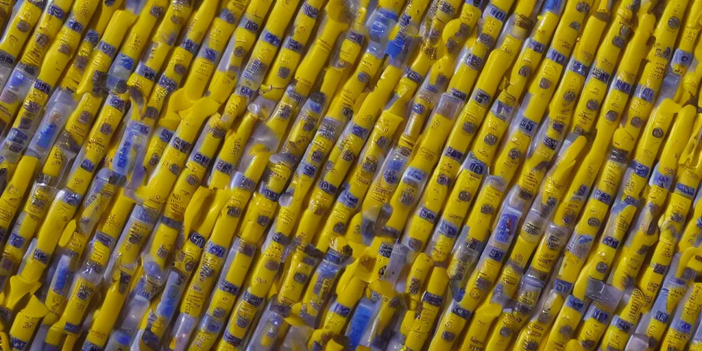 Prompt: realistic photograph 1 0 0 0 0's of yellow - coloured chapstick tubes in scattered in giant piles, high detail, shaded, backlit, glossy, ultrawide angle