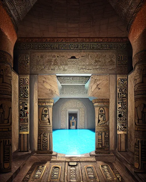 Image similar to greg rutkowski digital painting of an ornate and royal egyptian antechamber tomb, a circular pool in the tomb, the circular pool has a galaxy inside, unreal engine, hyper realism, realistic shading, cinematic composition, blender render, octane render, hdr, detailed textures, photorealistic, ultrawide shot, 3 5 mm film
