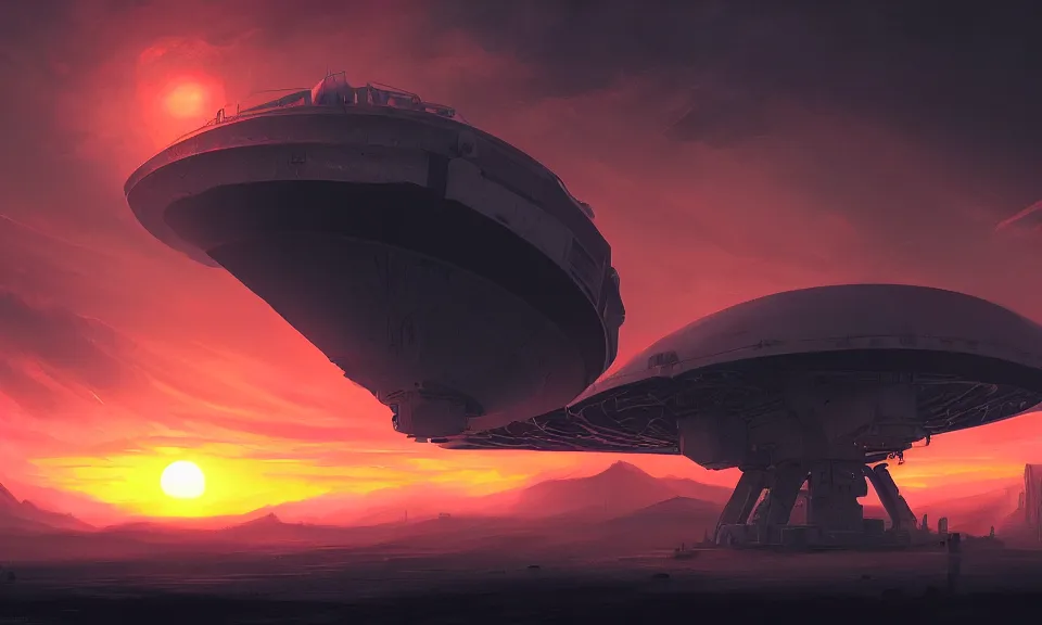 Prompt: dark sci-fi , A huge radar ,sunset, concept art ,high detail,warm lighting ,volumetric godrays,vivid beautiful,trending on artstation by Jord