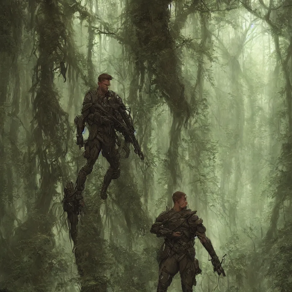 Prompt: a handsome male sci-fi solider exploring a magical rain forest, D&D, fantasy, intricate, cinematic lighting, highly detailed, digital painting, artstation, concept art, smooth, sharp focus, illustration, art by Terry Moore and Greg Rutkowski and Alphonse Mucha