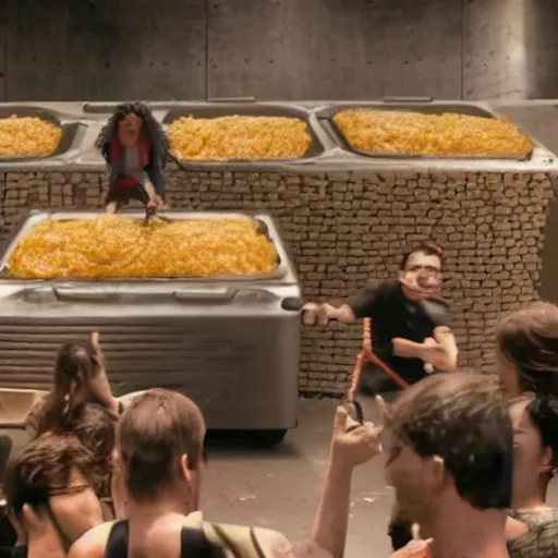 Prompt: a gathering of people trying to escape a dystopian city by climbing over a huge wall of mac n' cheese. still frame from a sci-fi movie.