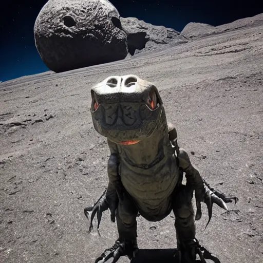 Prompt: photo of T-rex taking a selfie with asteroid in background