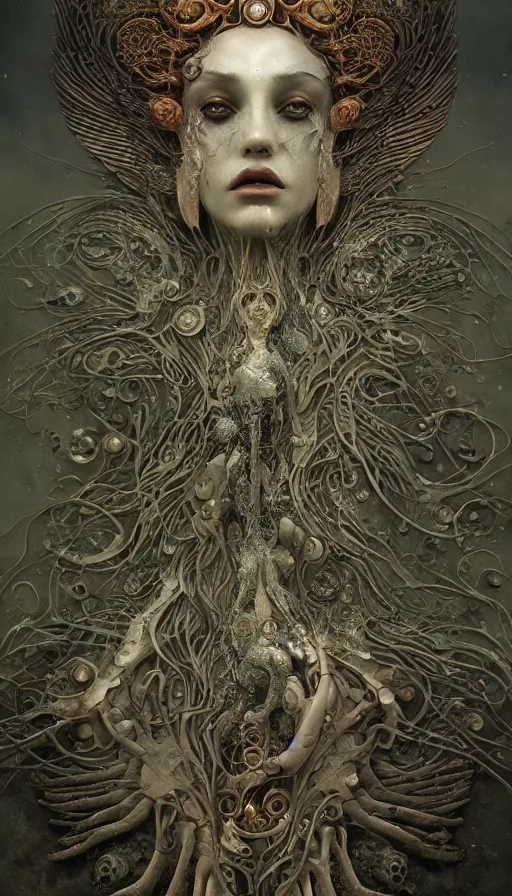 Prompt: wet plate photography of goddess with one wing reaching infinity and hungry souls around surrealistic intricate face, broken parts by klimt, artificial nightmares drawn by peter mohrbacher, zdzisław beksinski and thu berchs james gurney unreal engine octane, trending on artstation.