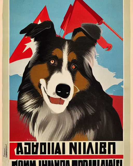 Image similar to communist propaganda poster of an australian shepherd soldier, soviet art