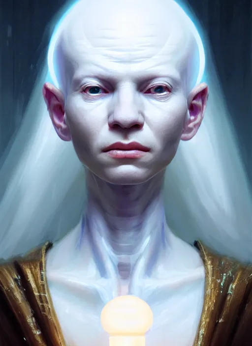 Image similar to portrait of an albino bald sick oracle, ancient oracle, intricate, elegant, glowing lights, highly detailed, digital painting, artstation, concept art, smooth, sharp focus, art by wlop, mars ravelo and greg rutkowski