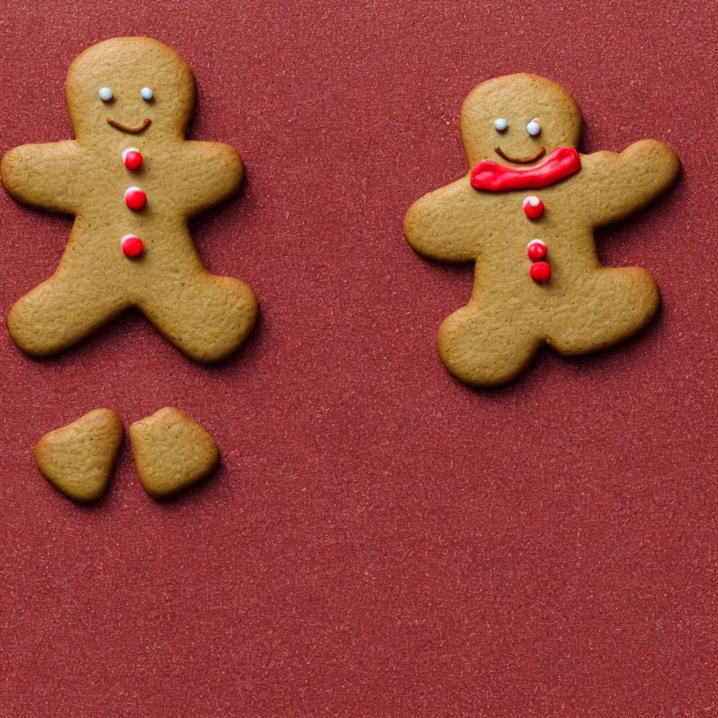 Image similar to top-down view of a cute gingerbread man on top of a red surface, 8k, high detail, photorealistic, proper shading