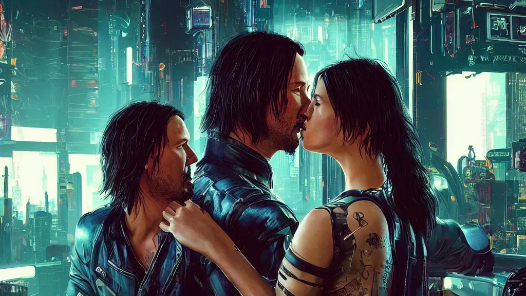 Image similar to a cyberpunk 2077 srcreenshot couple portrait of a Keanu Reeves and a female android final kiss,love,film lighting,by Laurie Greasley,Lawrence Alma-Tadema,Dan Mumford,John Wick,Speed,Replicas,artstation,deviantart,FAN ART,full of color,Digital painting,face enhance,highly detailed,8K,octane,golden ratio,cinematic lighting