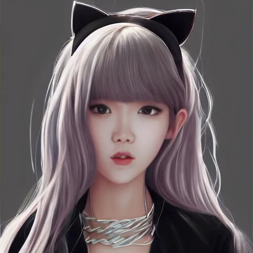 Image similar to realistic detailed semirealism beautiful gorgeous cute Blackpink Lalisa Manoban wearing school uniform, black hair black cat ears, black leather choker, proportional body, WLOP, Aztodio, Taejune Kim, sakimichan, ArtGerm, Pixiv, Instagram, Artstation