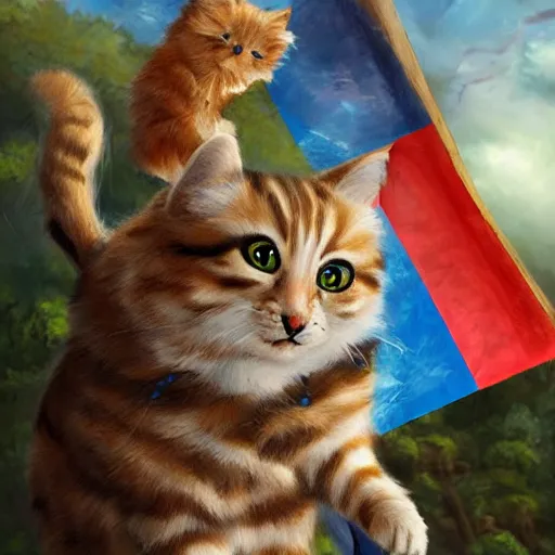 Prompt: a hyper real comic book style portrait painting in which a small cat holding a flag is riding a large fluffy cat on noble quests and into battle where backgrounds are wild and interesting with fascinating skies and epic terrain