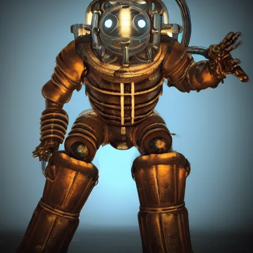 Prompt: 3 d render of a bioshock big daddy wearing the deadspace engineering suit, unreal engine 5, isaac clarke themed, high detail 3 d render,