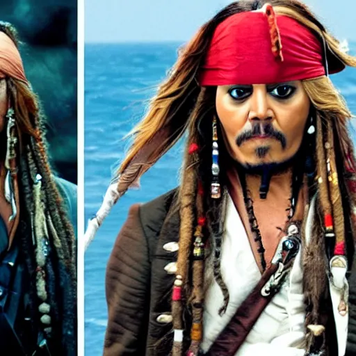 Image similar to donald trump acting next to jack sparrow in the pirates of the caribbean movie