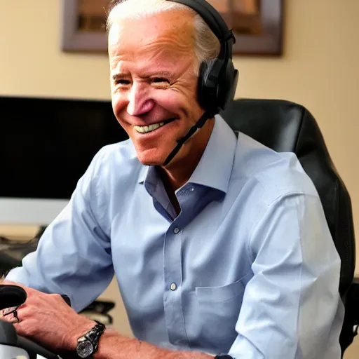 Image similar to Joe Biden Twitch gamer, gaming headset, sitting on gamer chair, pc gamer