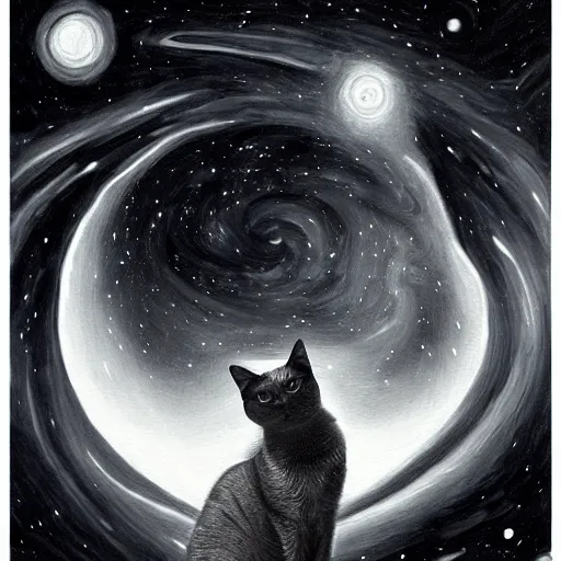 Image similar to a painting of a black and white cat in a cosmic scenic environment, hyperdetailed, beautiful, stars, planets, nebula, trending on artstation