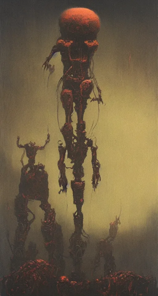 Image similar to Painting in a style of Beksinski featuring a giant robotic monster yelling in the dark, creepy, pain, suffering in the background