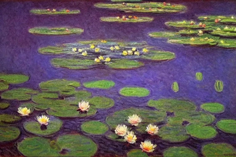 Image similar to A impressionism oil painting of water lilies pond at dusk, by Claude Monet
