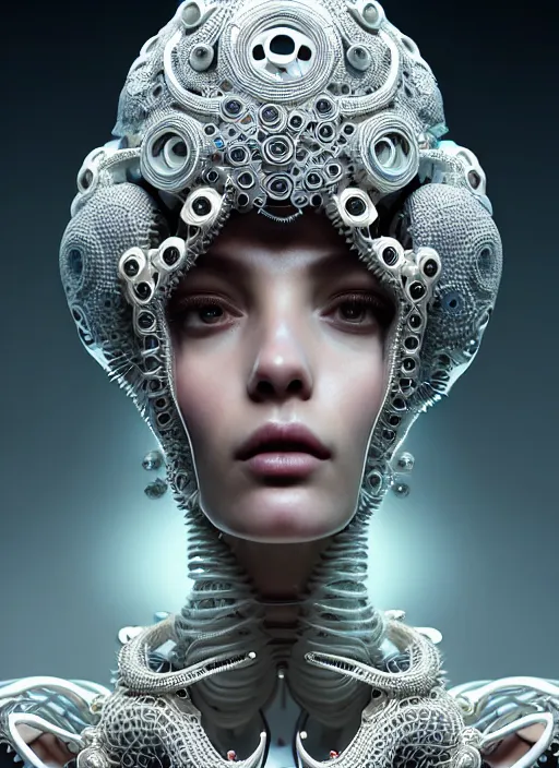 Prompt: portrait of an absurdly beautiful, graceful, sophisticated, fashionable cyberpunk mechanoid, hyperdetailed illustration by irakli nadar and alexandre ferra and vania zouravliov, intricate linework, white porcelain skin, faberge, octopus headdress, unreal engine 5 highly rendered, global illumination, radiant light, detailed and intricate environment