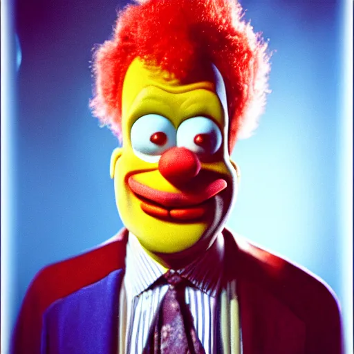 Image similar to still image of krusty the clown from the simpsons in the dark knight, cinematic, anamorphic, 8 0 mm f / 2. 8, real, 3 5 mm film, movie
