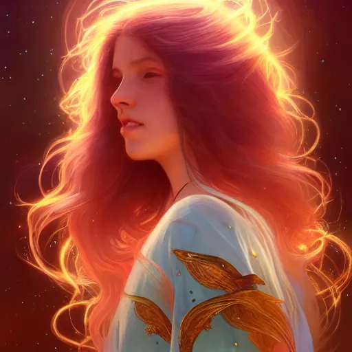 Image similar to aurora, girl with super long hair, hair becoming bright stars, intricate, highly detailed, digital painting, artstation, concept art, smooth, sharp focus, illustration, unreal engine 5, 8 k, art by artgerm and greg rutkowski and alphonse mucha