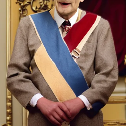 Prompt: Mister Bean as the Queen of the United Kingdom